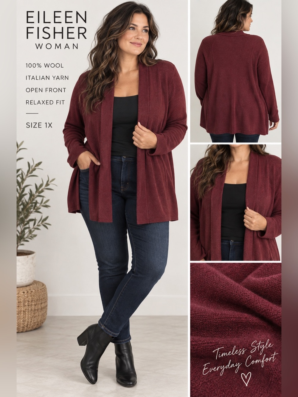 Eileen Fisher Woman 1X Burgundy 100% Wool Open Front Cardigan Sweater Italian Ya